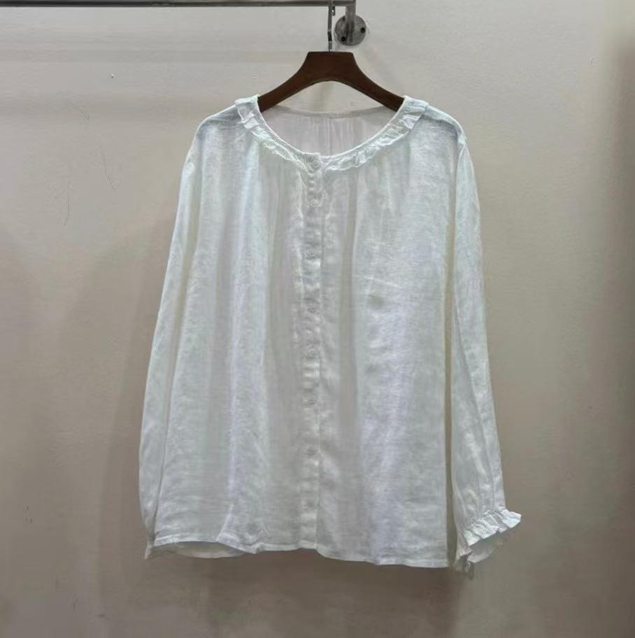 1116 Spring New Women's Crew Neck Japanese Ramie Top Shirt Loose Shirt Single-breasted Linen Long Sleeve Literature and Art