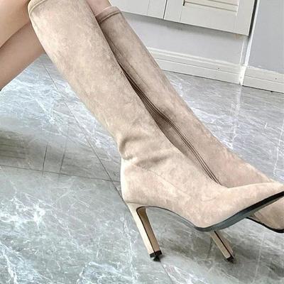 Узкие замшевые ботфорты Эластичные узкие ботфорты Высокий каблук Выше колена Заостренный носок Ботинки на толстом каблуке Женские зимние