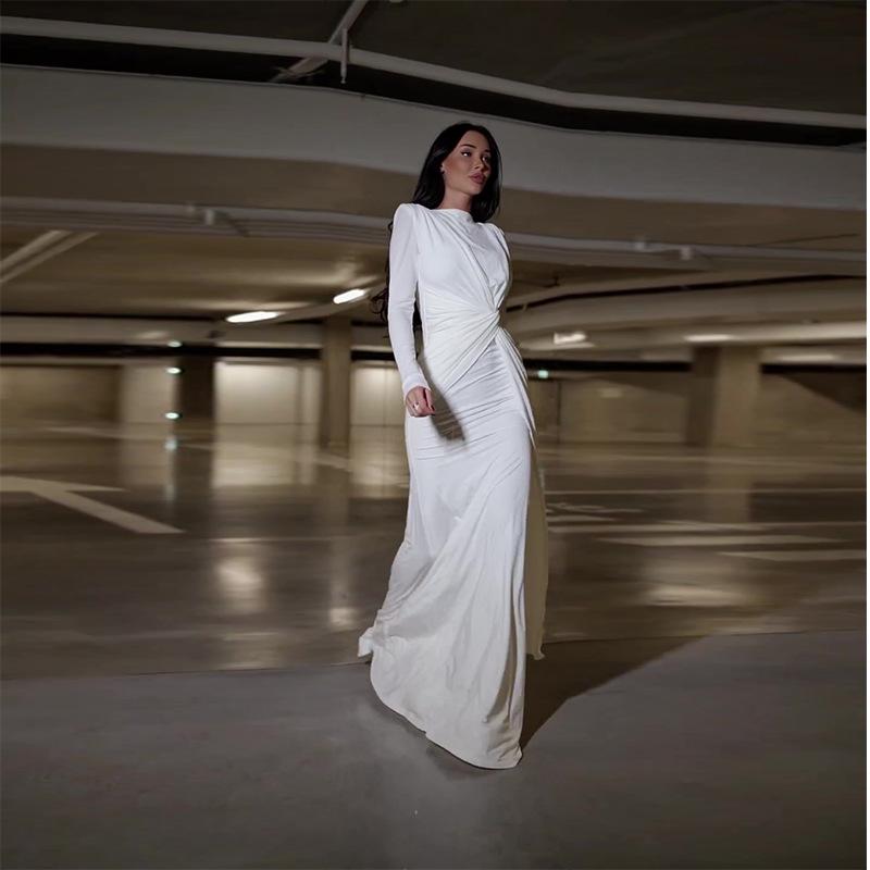 Новое сексуальное модное однотонное облегающее платье с плиссированной талией и круглым вырезом