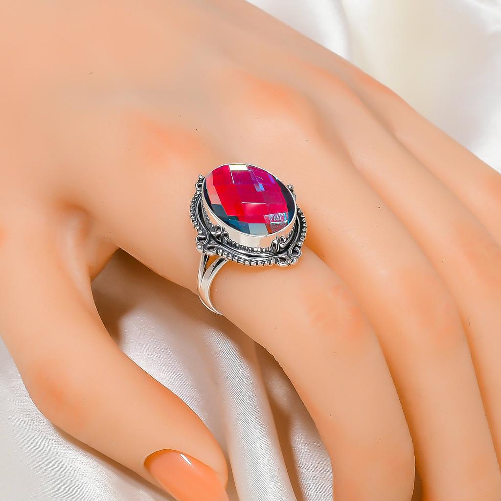 Black Rainbow Mystic Fire Topaz 925 Sterling Silver Ring V6434, Black Ring, Oval Ring, Valentin's Day Gift, Gift For Her, Birthday Gift, Handmade Jewe