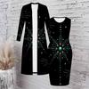 Women Plus Size Two Piece Set Long Sleeve Open Front Cardigan Sleeveless Bodycon Black Printed Dress