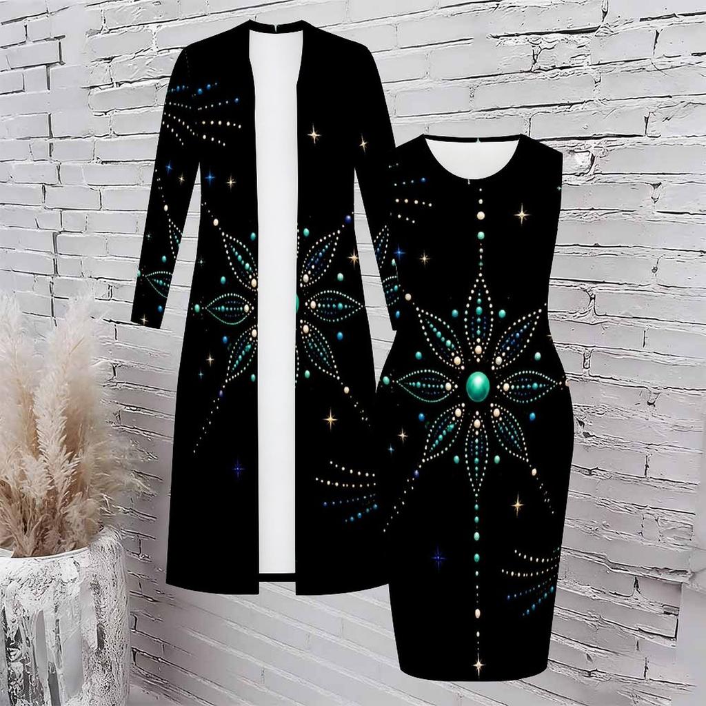Women Plus Size Two Piece Set Long Sleeve Open Front Cardigan Sleeveless Bodycon Black Printed Dress