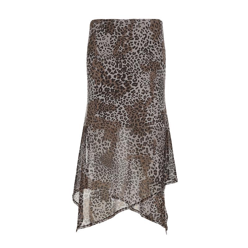 Осень/Зима 2024 Европейский и Американский Стиль Леопардовый Принт Сетка Асимметричная Длинная Юбка