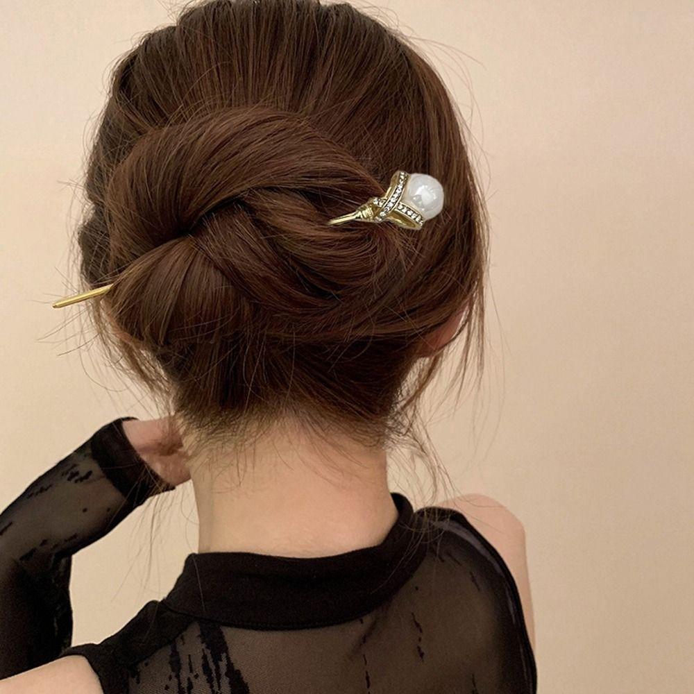 Silver Rhinestone Hair Stick Metal Pearl Hairpin Classical   Hairstyle Design Tool