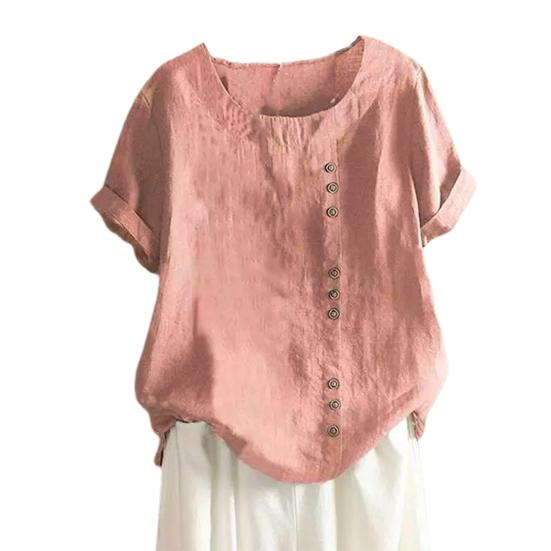 Women Casual Tops O-Neck Short Sleeve Buttons Decor Tee Shirt Loose Fit Solid Color Pullover