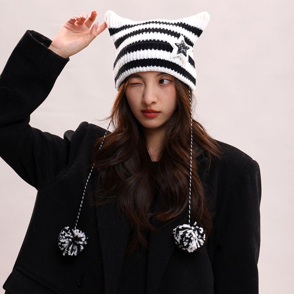 Y2K Cat's Ears Knitted Hat Star Warm Cap Fashion Slouchy Knitted Beanies Cycling