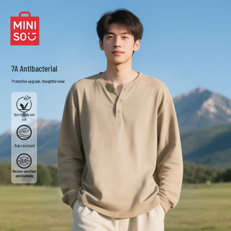 MINISO Мужская ретро-футболка с длинным рукавом и воротником-хенли
