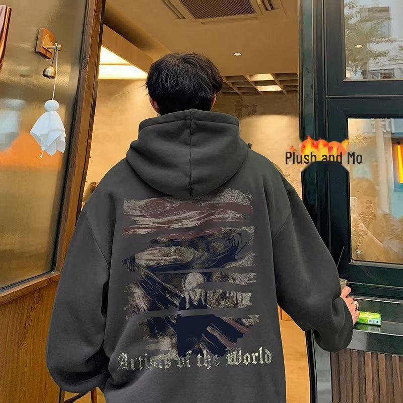 "Trendy Men's American-Style Hooded Sweatshirt - Autumn/Winter Velvet, Loose Fit, Casual Jacket for Teens"