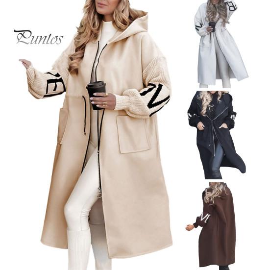 Женское зимнее пальто с капюшоном и боковыми карманами, лоскутное трикотажное пальто с рукавами, узором из букв, свободное, средней длины, с завязками на талии, однотонное пальто
