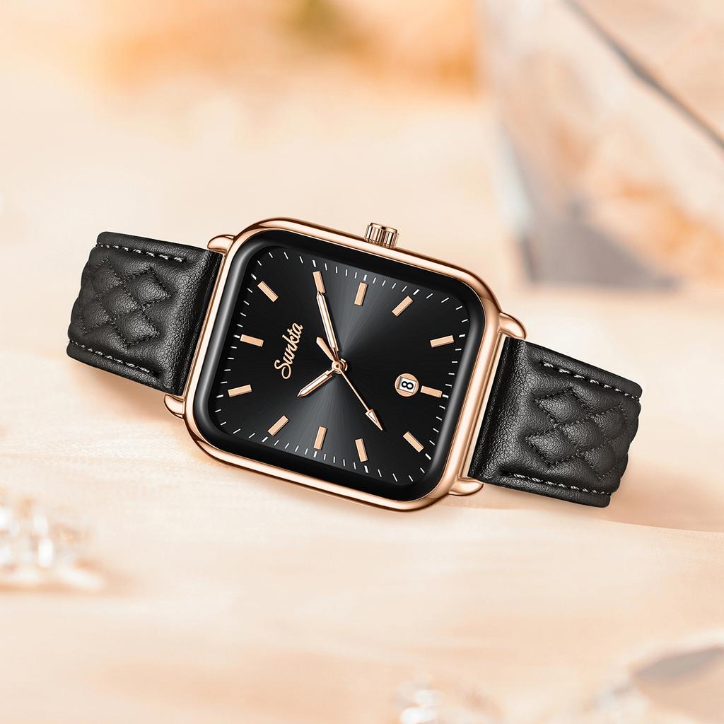 SUNKTA Women's Watches Original Leather Strap Fashion Square Waterproof Luminous Women's Quartz Wristwatches With Gift Box