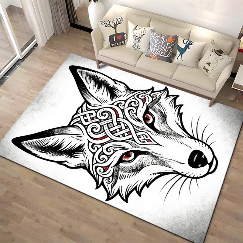 Wolf Head Carpet with Red Eyes and Intricate Tribal Design, Nordic Style Suitable for use as an anti-slip for living room bedroom sofas