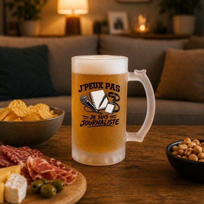 Chope à bière - PLANETEE - J’peux pas je suis Journaliste - Givré - Verre trempé 470 ml - Imprimé en Bretagne