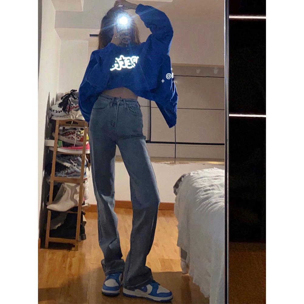 Women's Black High-Waisted Straight-Leg Jeans, Loose Wide-Leg, Floor-Length, 2025 Spring Trend