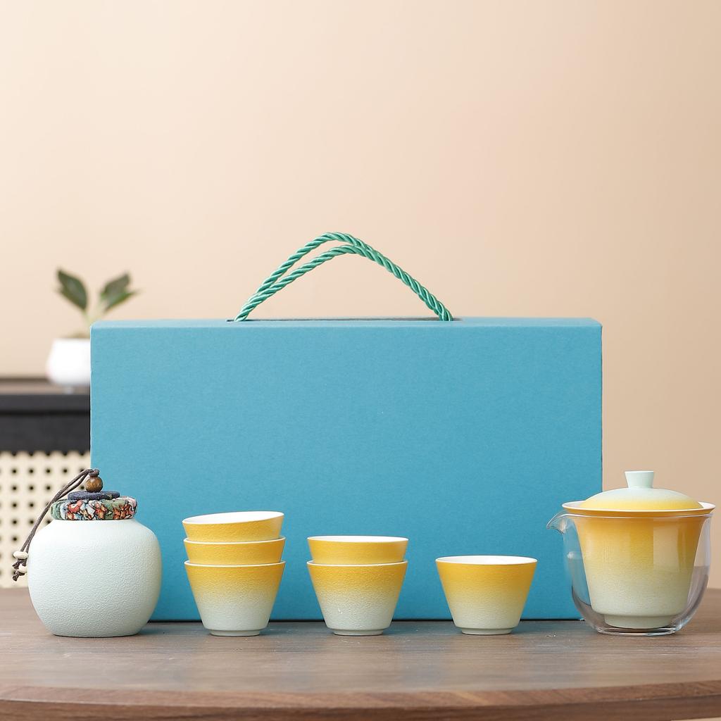 Chinese gradual change coarse pottery hover cover bowl tea set portable travel tea set one pot three cups express cup set