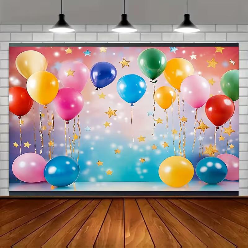 2D Rainbow Balloon Birthday Backdrop, 83x59in Kids Party Background Banner
