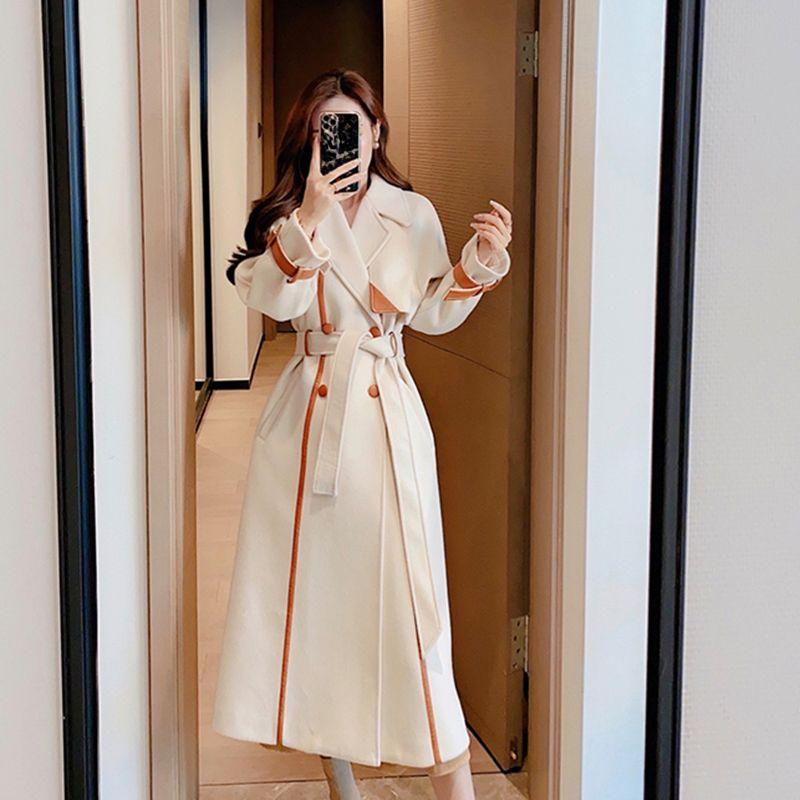 Модное шерстяное пальто в стиле колор-блок с утолщенной одеждой для женщин на осень и зиму