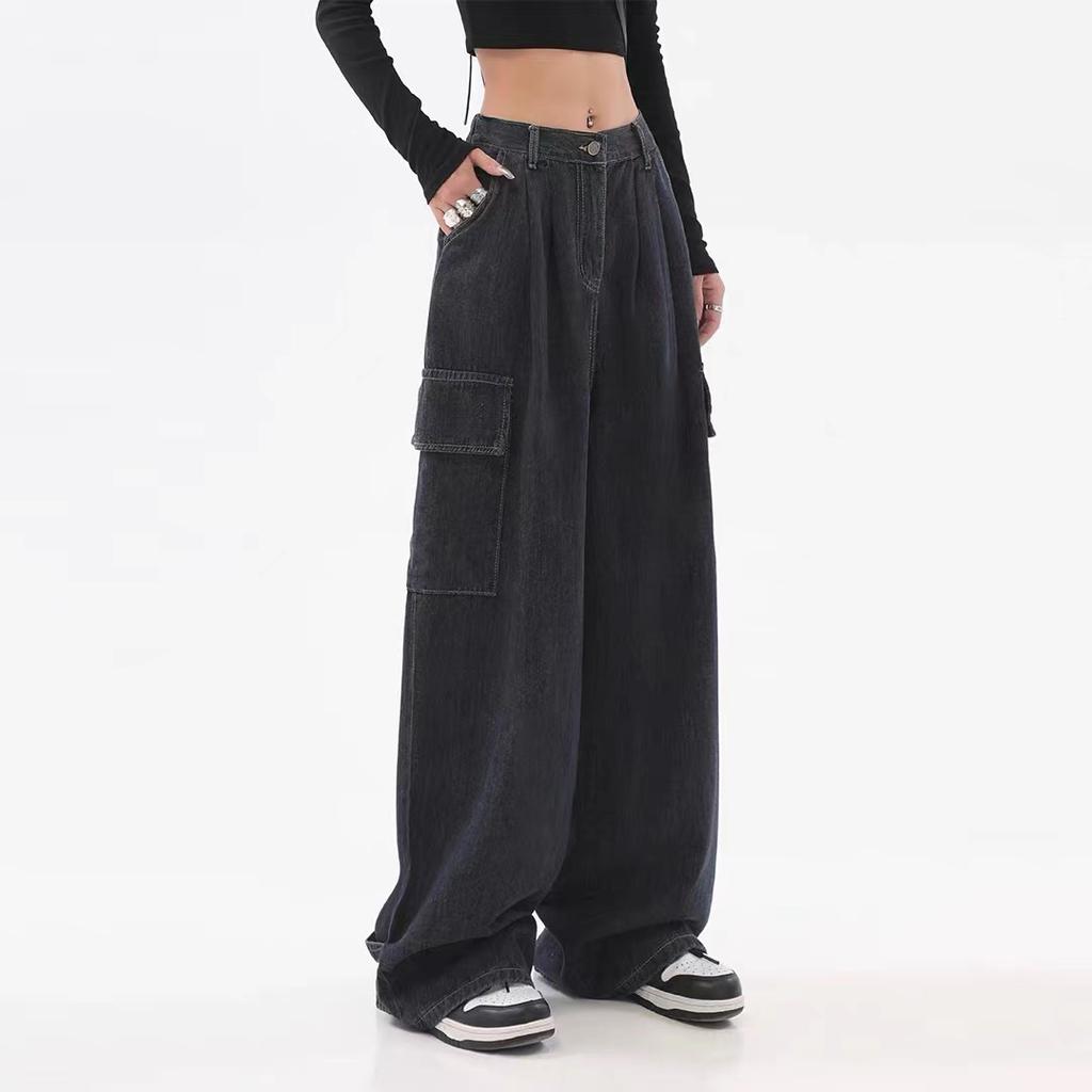 Осенние женские мешковатые черные джинсы в стиле Харадзюку, уличная одежда, повседневные широкие брюки в стиле хип-хоп, винтажные брюки Demin, свободные брюки Y2k