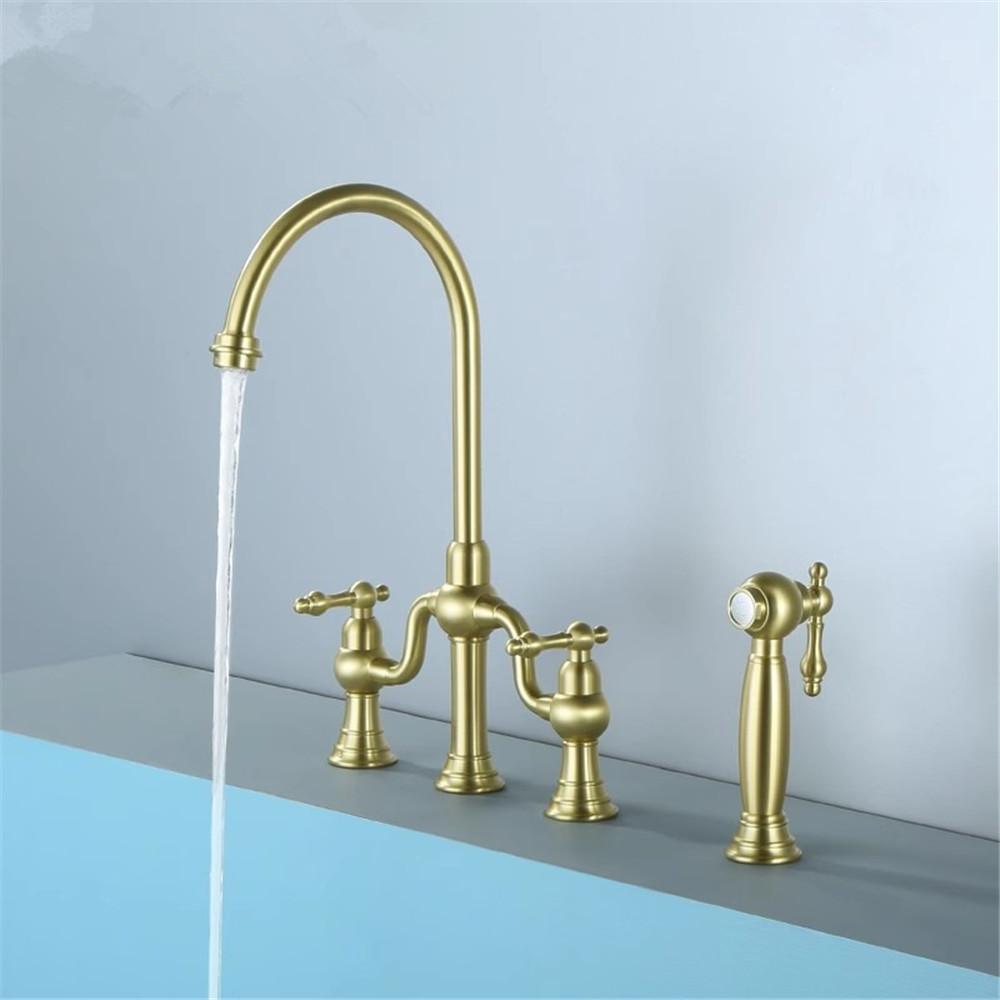 Tuqiu Brushed Gold Kitchen Faucet with Hand shower Head Black Pot Filler Tap Deck Mounted Hot Cold  Black Sink Tap Spout  Brass