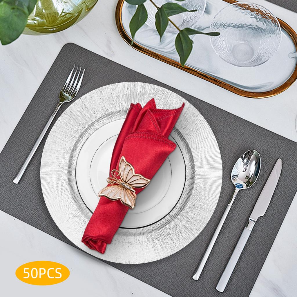 Набор из 50 серебряных подстановочных тарелок - Круглые современные одноразовые тарелки для свадьбы, вечеринки, банкета - Элегантные сервировочные подносы из ПП-пластика