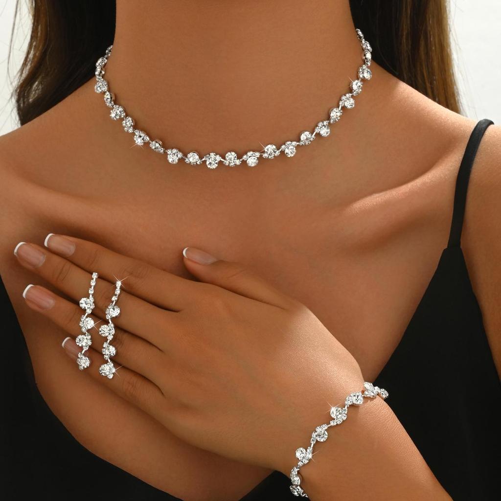 2025 Korean Fashion Wedding Jewelry: Silver Rhinestone Necklace, Earrings, Bracelet & Ring Set