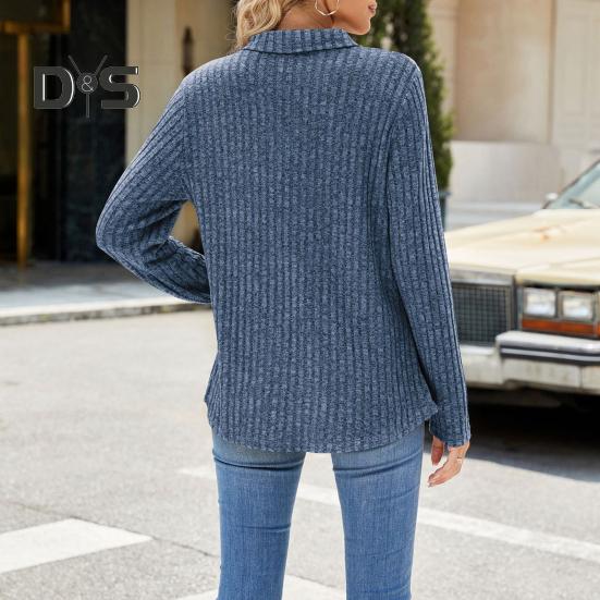 Женский свитер с V-образным вырезом и лацканами, нагрудный карман, длинный рукав, однотонный трикотажный топ, ребристый повседневный свитер