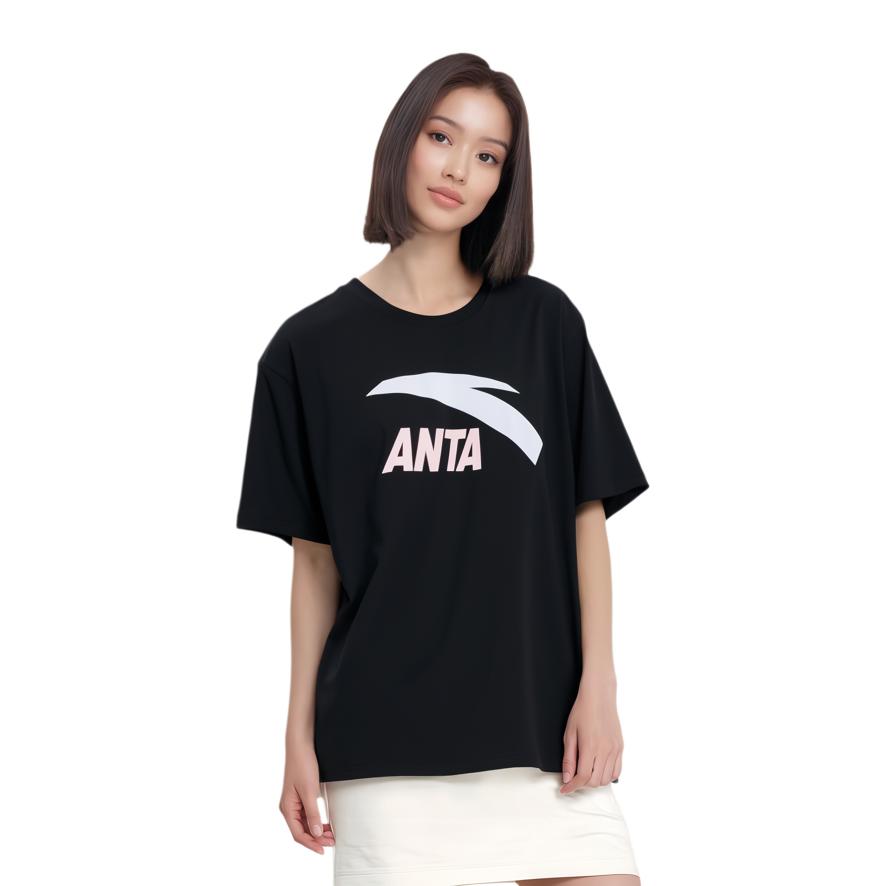 Anta Футболка с логотипом и круглым вырезом, удобная, универсальная, дышащая, с коротким рукавом, женская, черная 962428119-8