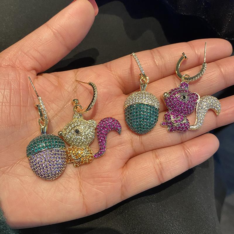 Trendy Squirrel Fruit 925 Silver Needle Earrings for Women Asymmetrical Cute Temperament Dangle Earrings Party Jewelry Gifts