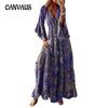 Spring and Autumn Women's Dress Bohemian Wind Flared Sleeve Print V-neck High Waist Dress Crushed Female Long Dress