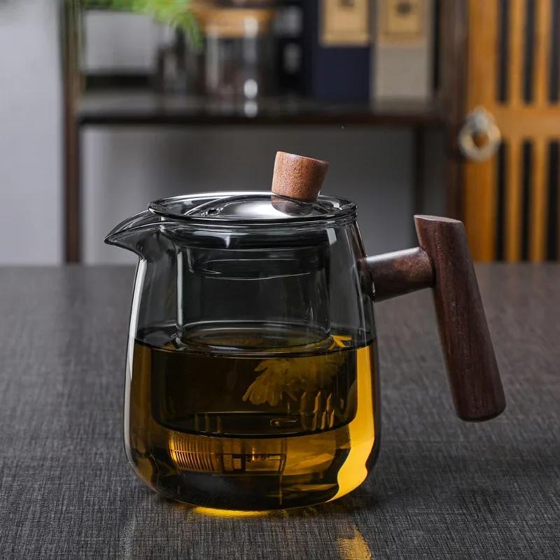Glass Teapot Wood Handle Chinese Tea Ceremony Transparent Teawear Set Cup Filter High Boron Silicon Janpanese Pot