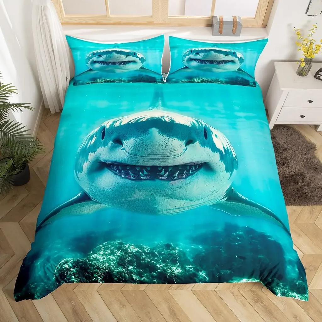 Shark Fish Print Bedding Set Cute Underwater Animal Duvet Cover Set Wonderful Gifts For Children Teens Adult Comforter Cover Set