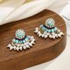 Bohemian turquoise crystal fringed earrings heavy industry pearl fan stud earrings retro ethnic style light luxury earrings