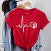 Maycaur Women T Shirt Fashion Dog Heartbeat Print T-shirt Funny 90s Print T Tee Womens Tshirt for Female Red Shirt Clothes Tops