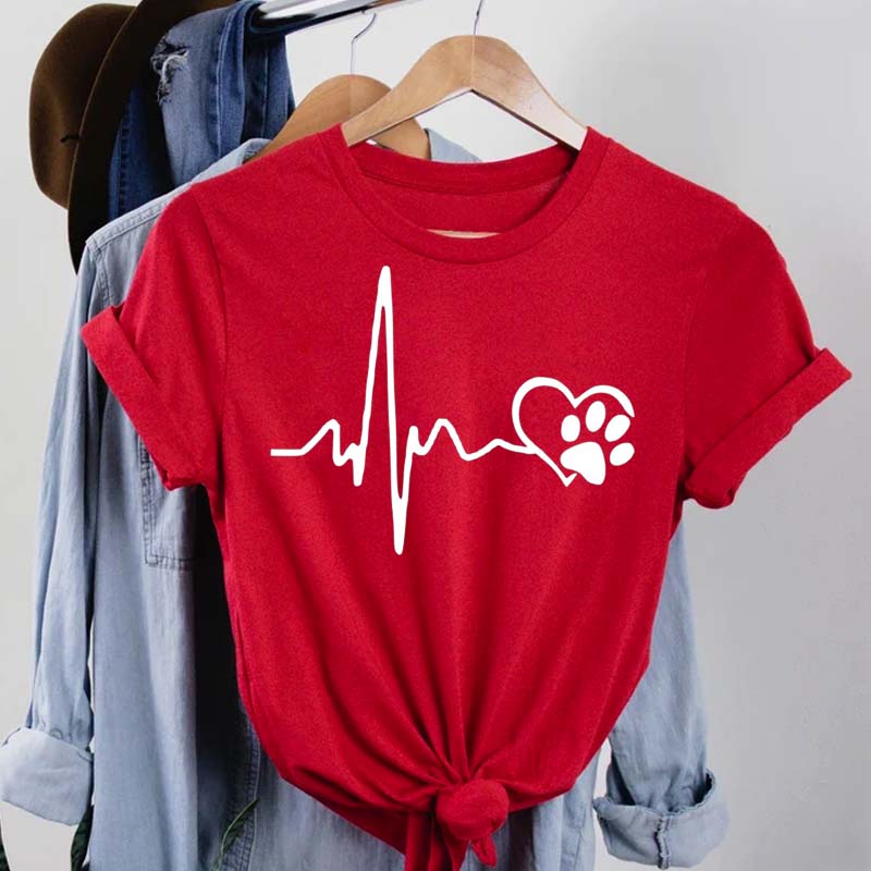 Maycaur Women T Shirt Fashion Dog Heartbeat Print T-shirt Funny 90s Print T Tee Womens Tshirt for Female Red Shirt Clothes Tops