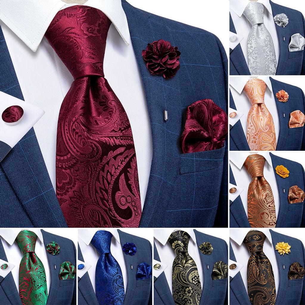 Classic 8.5cm Necktie Set for Men Paisley Tie Fashion Flower Lapel Pin Silk Tie Hanky Cufflink Business Party