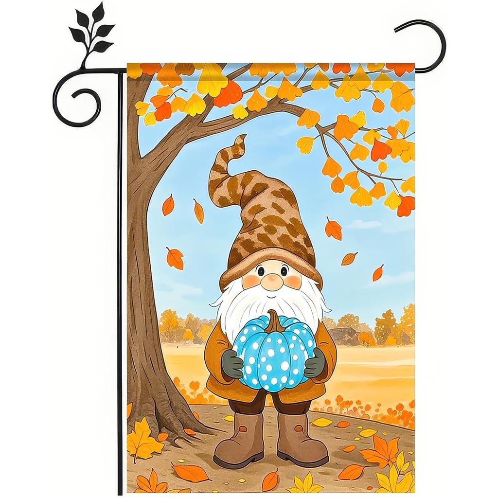 Autumn Gnome Garden Flag Double-Sided Autumn Gnome Holding Blue Pumpkin Yard Flag Harvest Banner Suitable for Thanksgiving Porch Lawn Outdoor Decorat