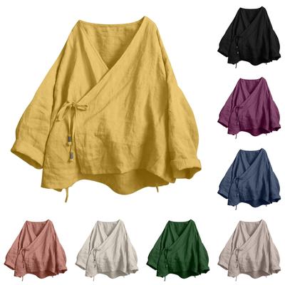 Женская модная однотонная блузка с V-образным вырезом, длинными рукавами, кружевом, из хлопка и льна, свободного кроя