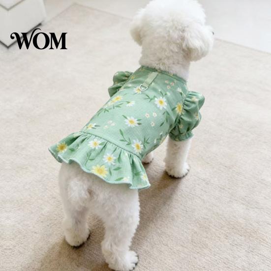 Loose Fit Pet Clothes Green Dog Princess Dress, Floral Ruffled Puff Sleeve Cute Easy to Wear Dress Girl Puppy for Small Dogs Summer Female Outfit