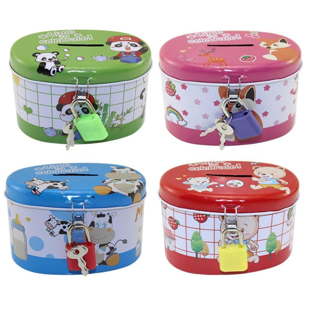 Металлическая копилка с замком и ключом, дизайн с мультяшным принтом, большая вместимость, коробка для хранения монет, милая железная банка для хранения, для дома