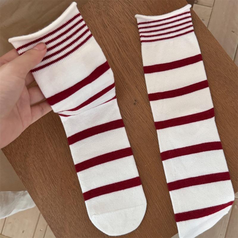 Mulberry, Silk, Cotton, Wool Socks, Winter Striped Boneless Socks, Mid-calf Socks, Striped Socks for Women