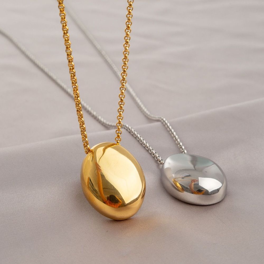 Large Oval Long Sweater Chain Metal Smooth Glossy Droplet Pendant  Autumn Winter