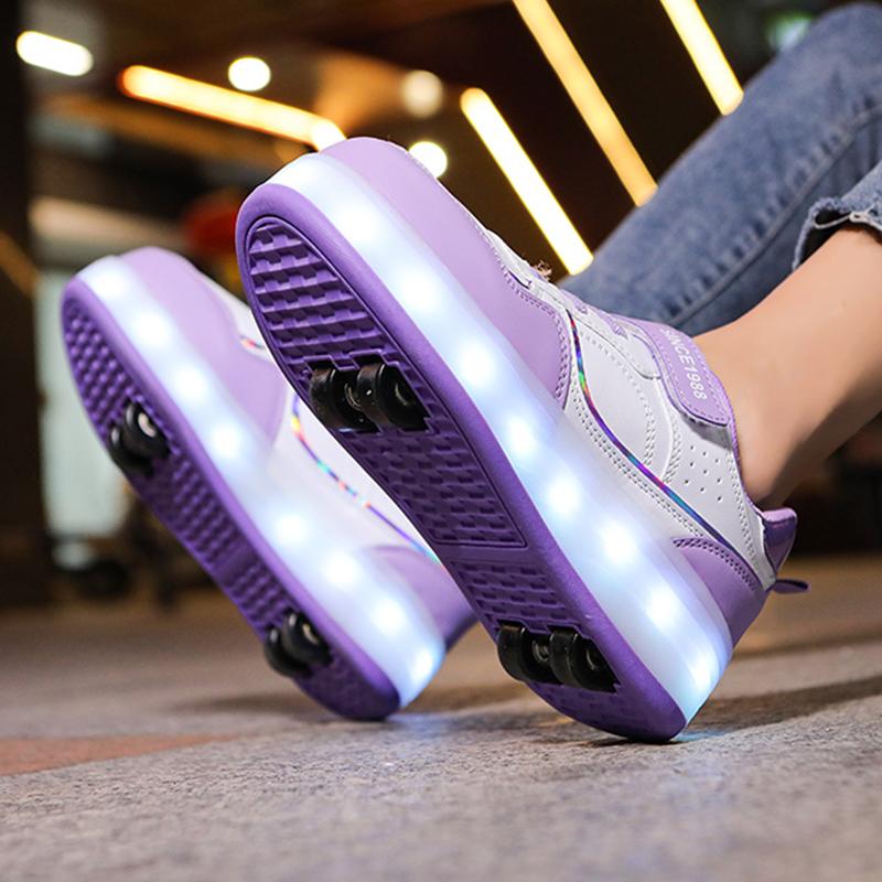 Детская спортивная обувь с подсветкой, натирающая обувь, однотонная волшебная нашивка с зарядкой, двухрядная четырехколесная скользящая обувь