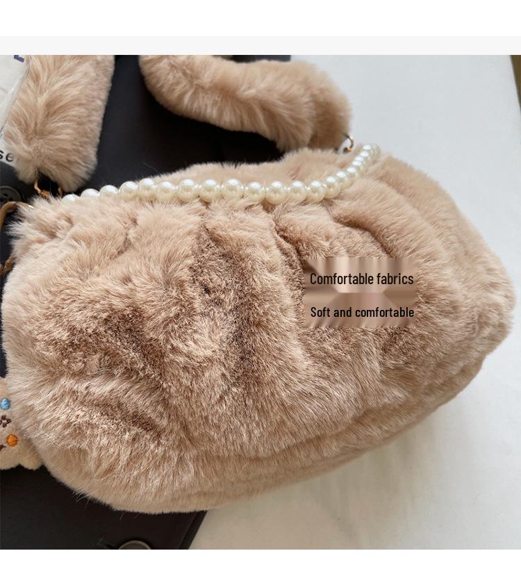 Korean Style Plush Shoulder Bag with Pearl Accents - Cute Autumn/Winter Crossbody