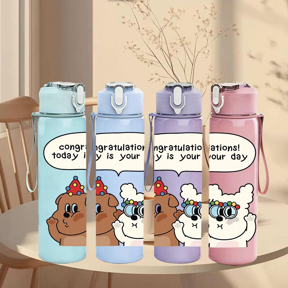 1PC Chatting Bear Cartoon Print 750ml Color Plastic Sports Water Bottle Leakproof Flip Straw Lid Suitable for Sports Office Home Use
