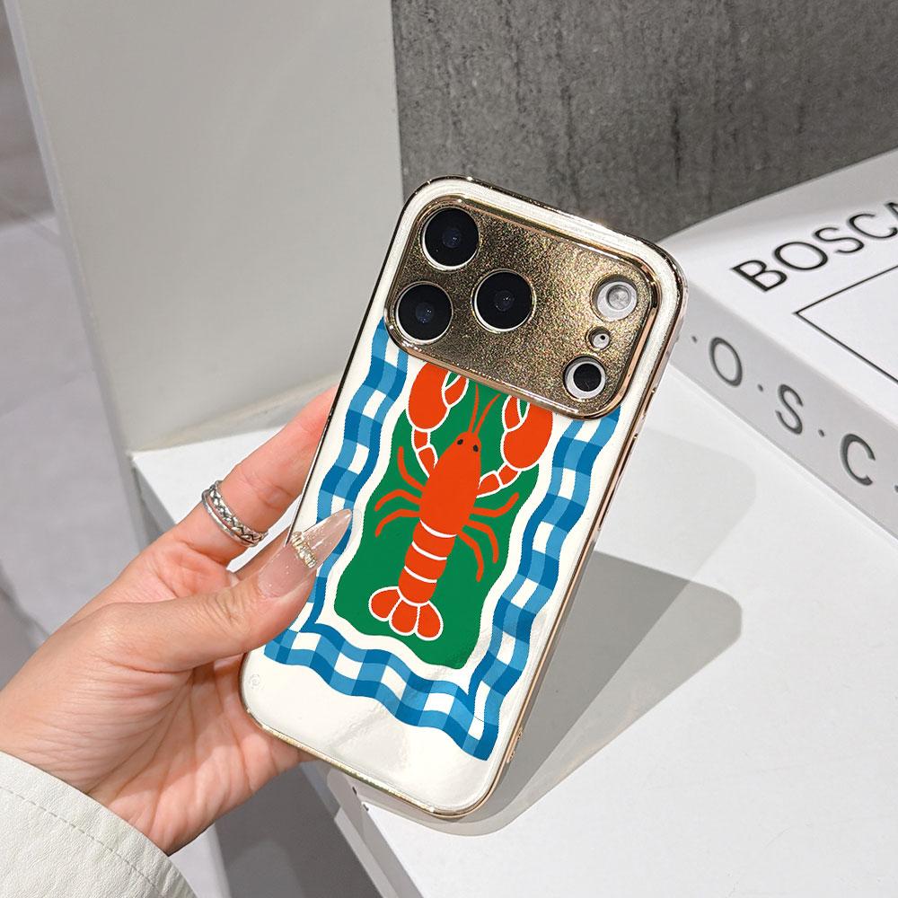 Lucky Start Phone Case For iPhone 17 16 15 14 13 12 Pro Max 16E Gold Electroplated glass shell Checker Lobster Nautical Art Cover