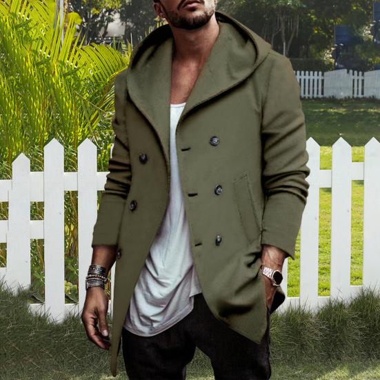 Men Windbreaker Coat Hooded Long Sleeve Solid Color Double-Breasted Jacket