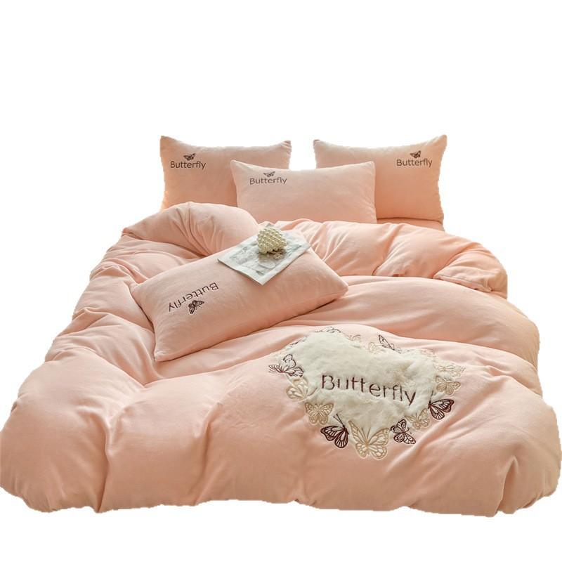 Winter milk fleece four-piece butterfly patch embroidery design new warm four-piece student dormitory available