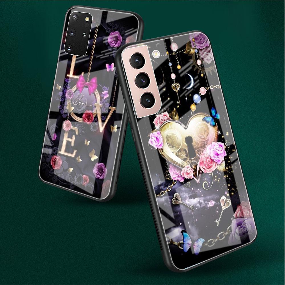 Чехол из закаленного стекла для Samsung Galaxy S22 S21 Ultra S20 Fe S10 S9 S8 S22 S21 Plus Note 20 10 Phone Funda Rose Butterfly Flower