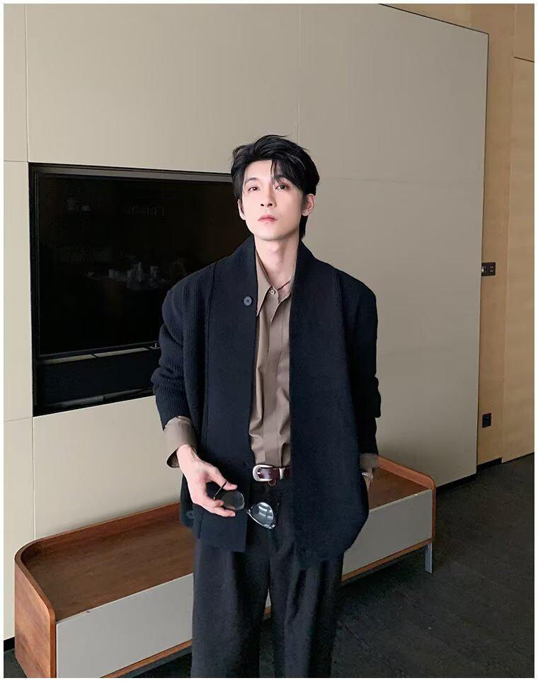 Мужской ретро-кардиган в японском стиле - Осенне-зимний тяжелый вязаный халат с диагональной планкой