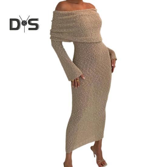 Вязаное платье макси для женщин с длинным рукавом, прозрачное открытое плечо, элегантное длинное платье для вечеринок, пляжа