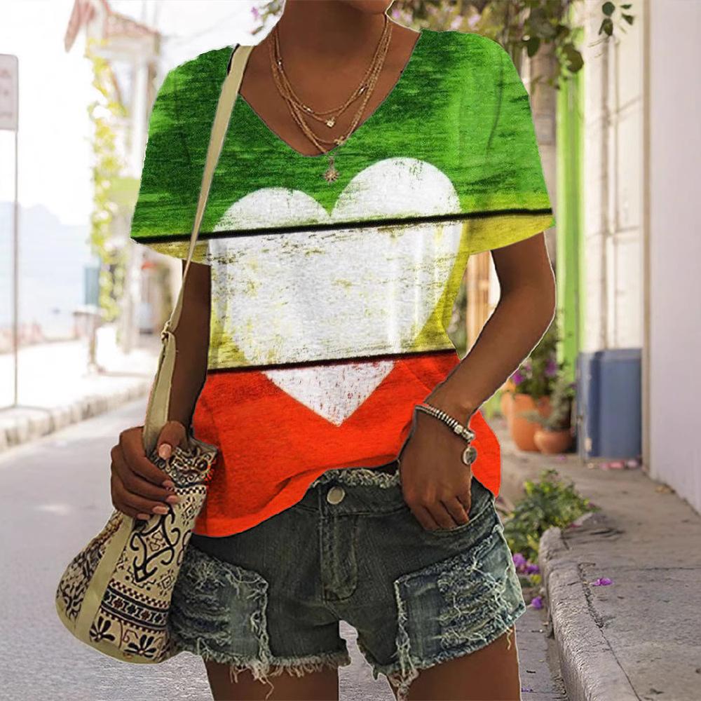 Летний топ с V-образным вырезом и 3D-цветочным принтом, модные повседневные женские футболки с короткими рукавами